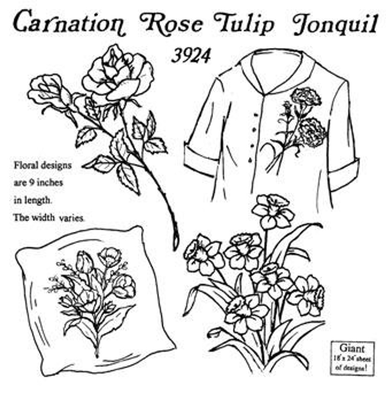 Aunt Martha's Large Carnation, Rose, Tulip, & Jonquil 3924 embroidery iron on pattern - Image 3