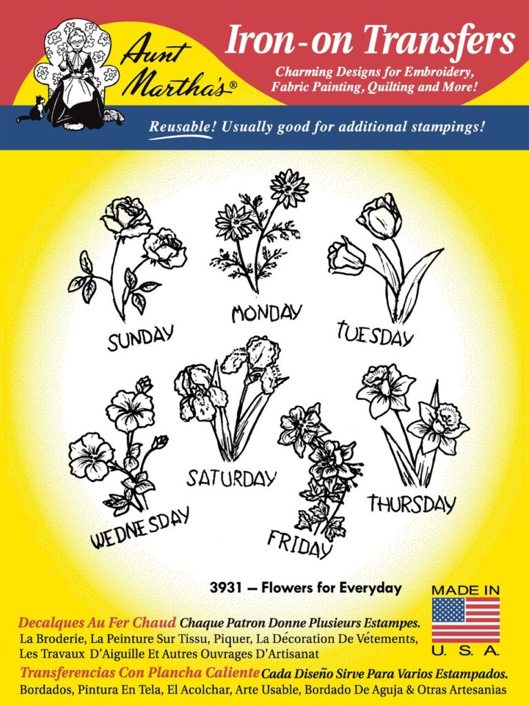 Aunt Martha's Flowers for Everyday 3931 days of the week embroidery iron on pattern