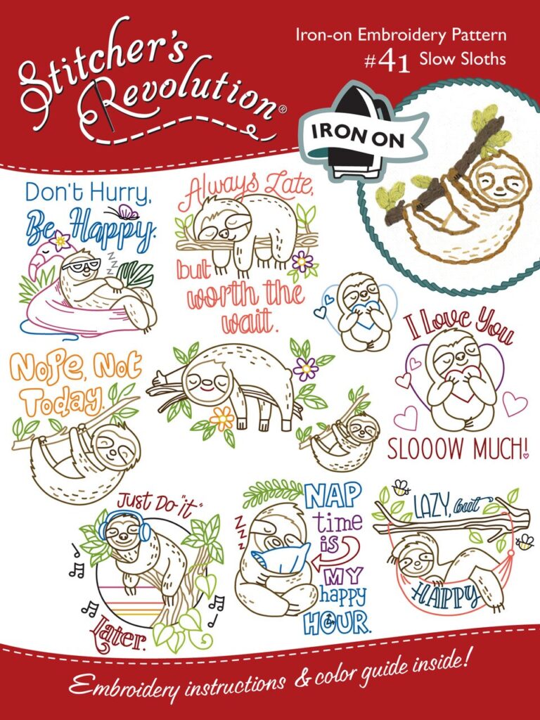 Stitcher's Revolution Slow Sloths SR41 embroidery iron on pattern