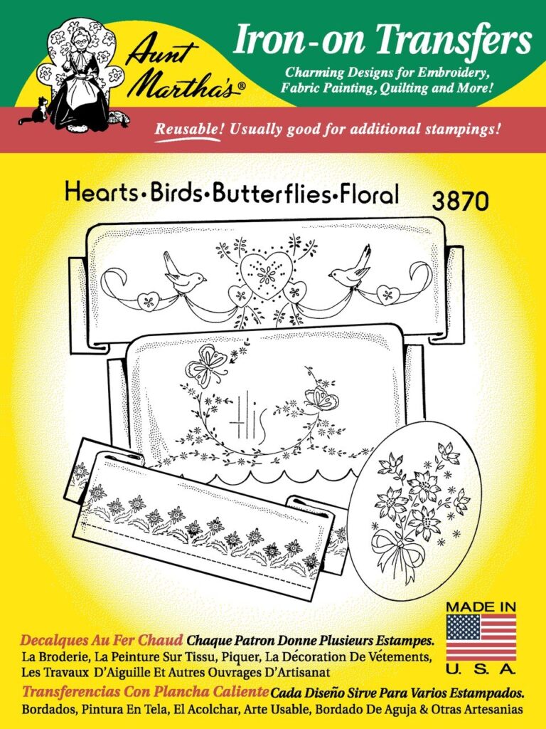 Aunt Martha's Hearts, Birds, Butterflies, & Floral 3870 embroidery iron on pattern