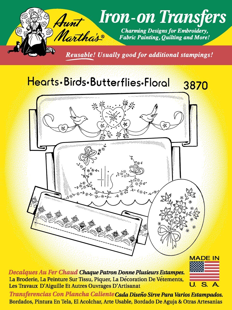 Aunt Martha's Hearts, Birds, Butterflies, & Floral 3870 embroidery iron on pattern