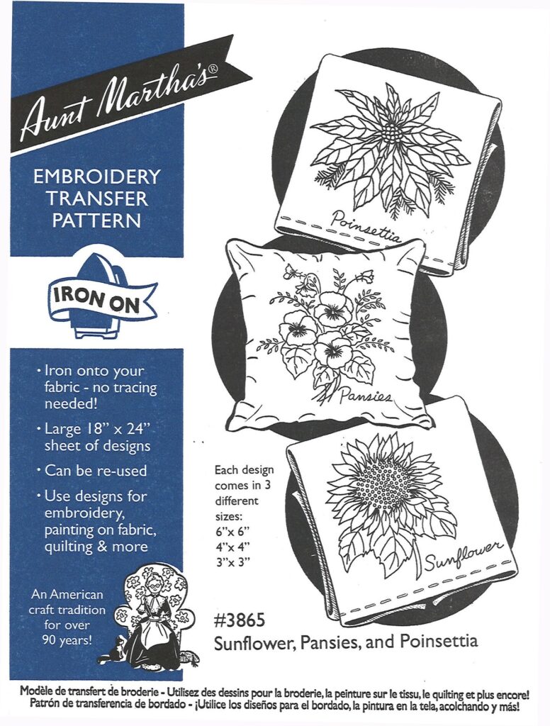 Aunt Martha's Sunflower, Pansies, & Poinsettia 3865 embroidery iron on pattern