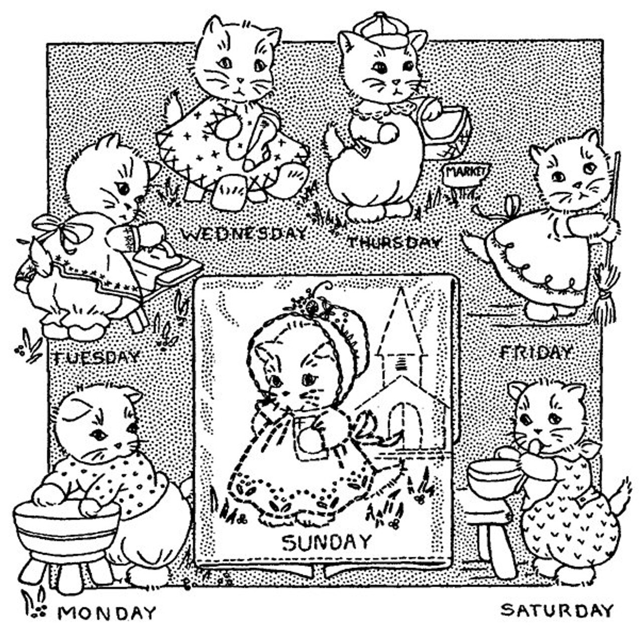 Aunt Martha's Kitten Chores 3982 days of the week embroidery iron on pattern - Image 3