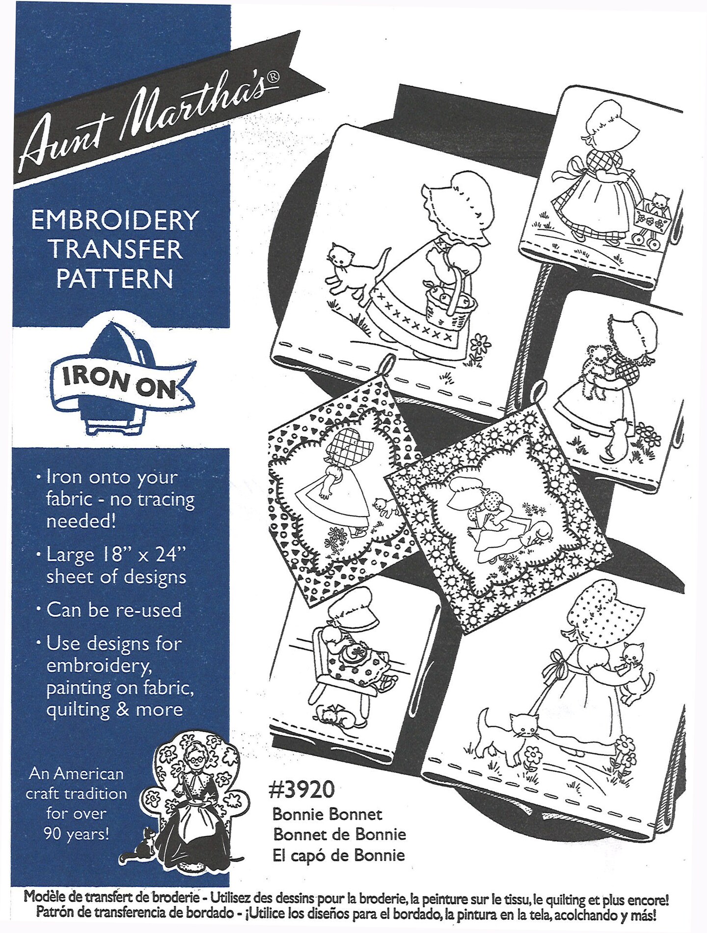 Aunt Martha's Bonnie Bonnet 3920 embroidery iron on pattern