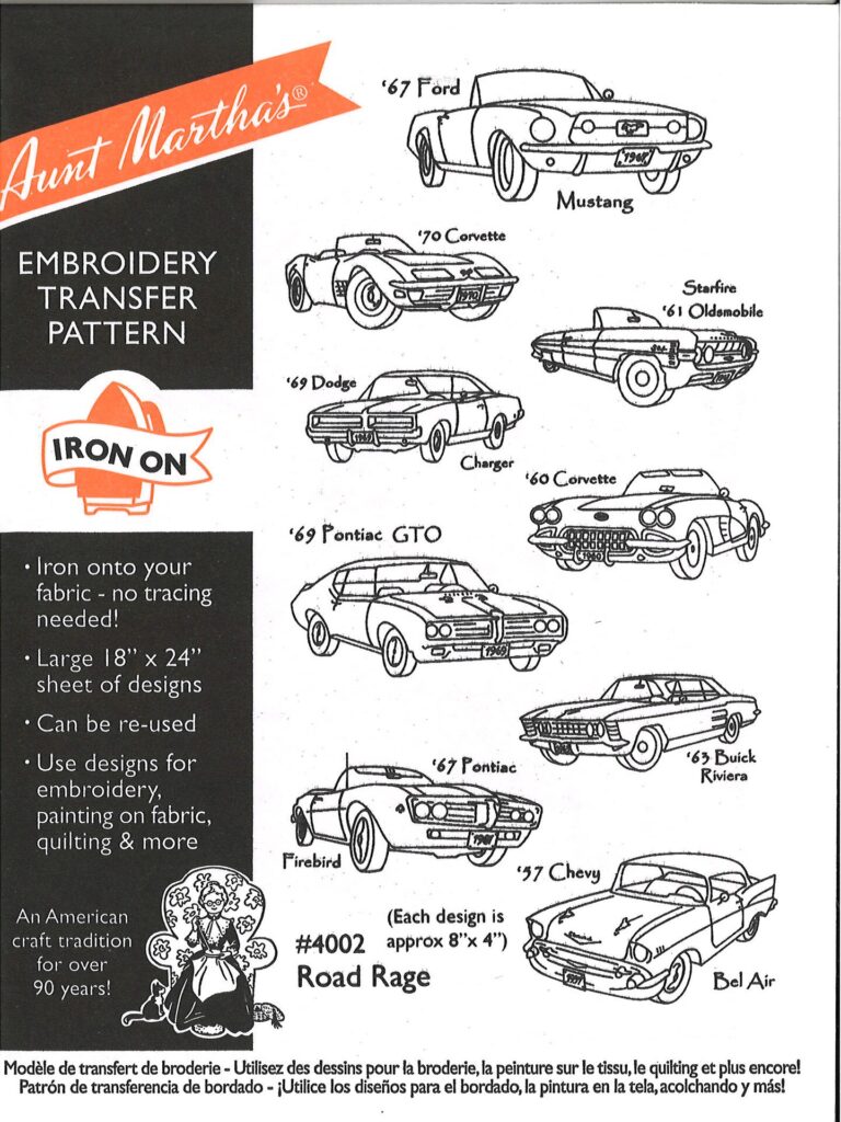 Aunt Martha's Road Rage 4002 embroidery iron on pattern