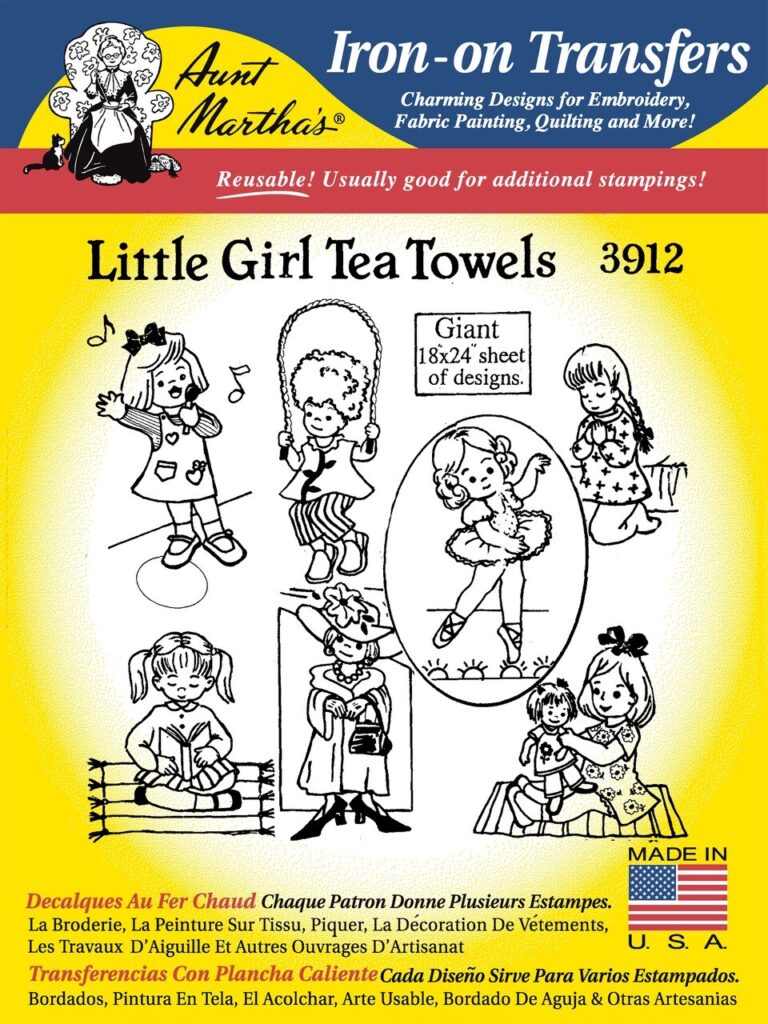 Aunt Martha's Little Girl Tea Towels 3912 embroidery iron on pattern