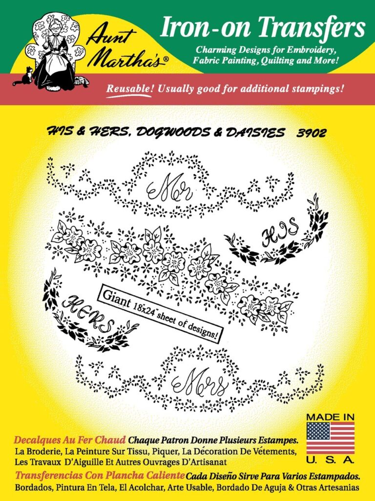 Aunt Martha's His & Hers, Dogwoods & Daisies 3902 embroidery iron on pattern