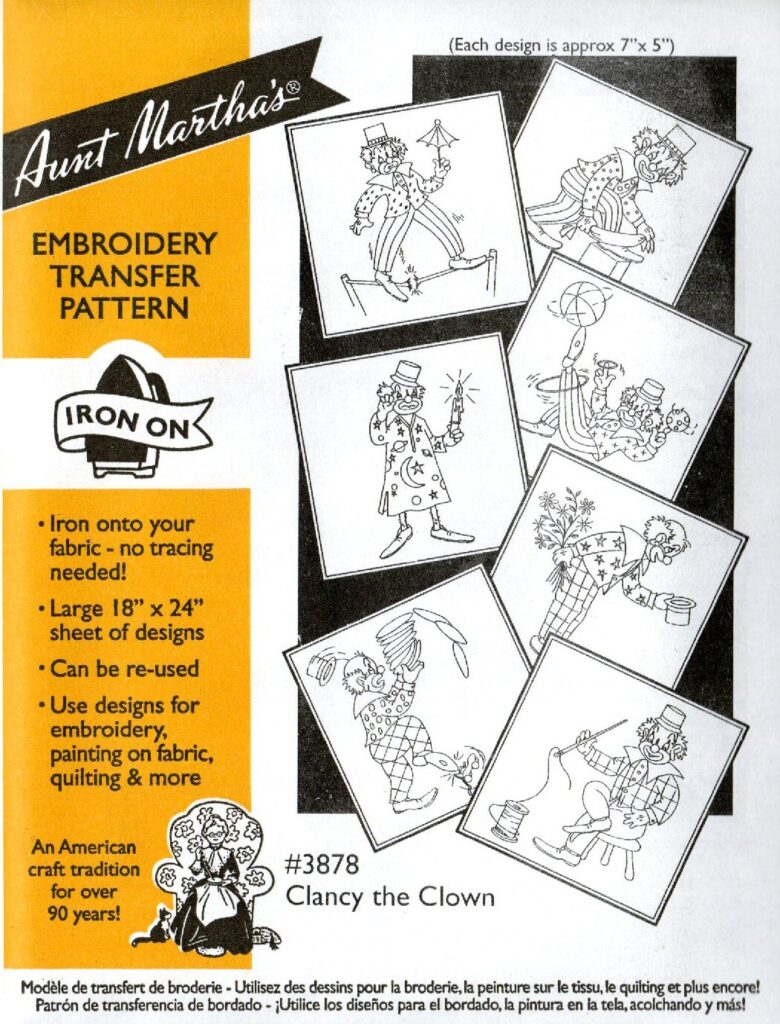 Aunt Martha's Clancy the Clown 3878 embroidery iron on pattern