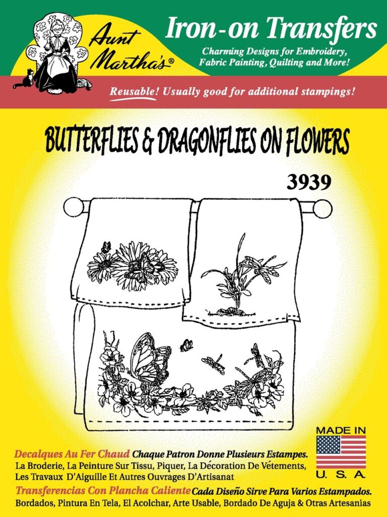Aunt Martha's Butterflies & Dragonflies on Flowers 3939 embroidery iron on pattern