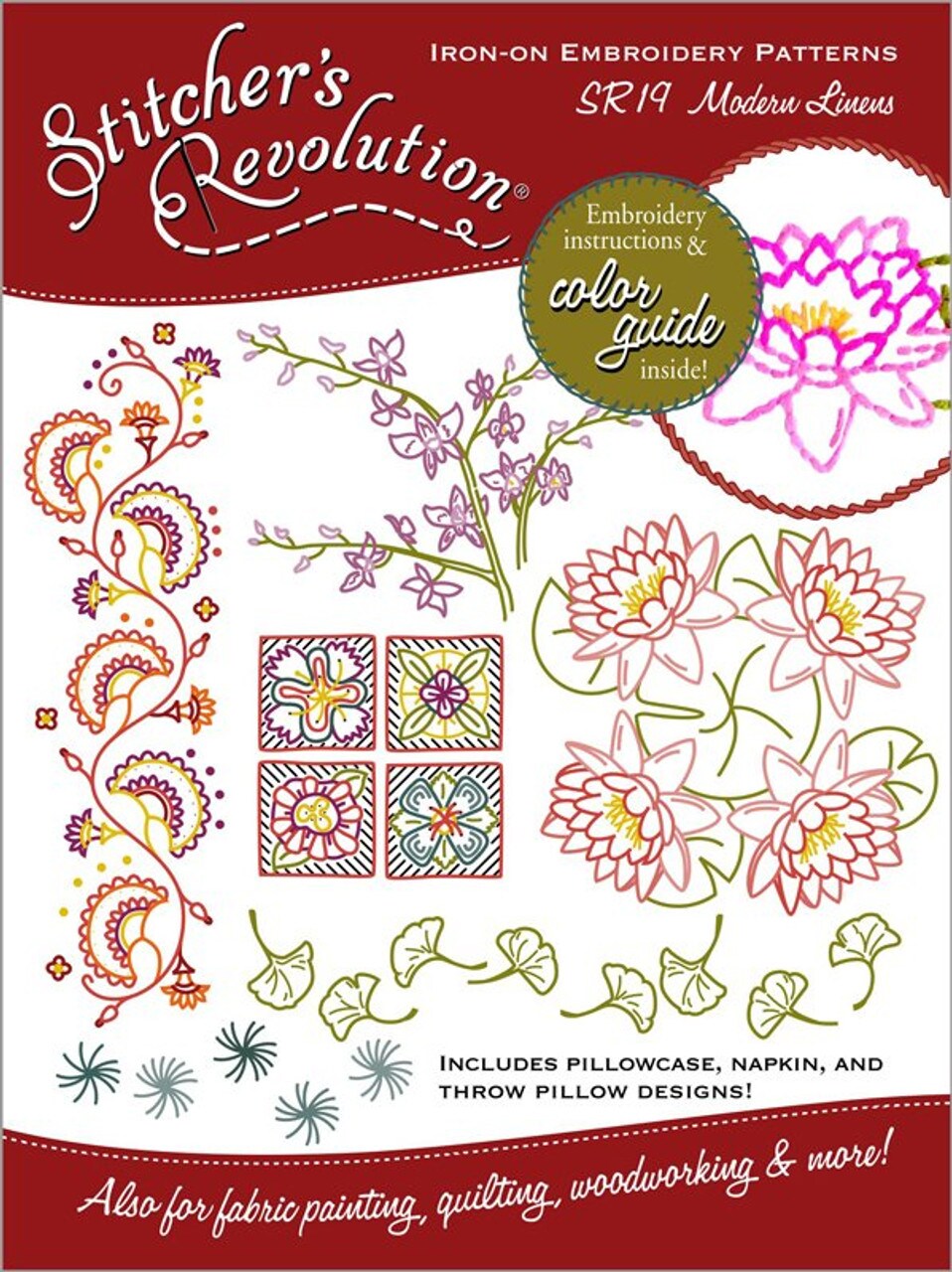Stitcher's Revolution Modern Linens SR19 embroidery iron on pattern