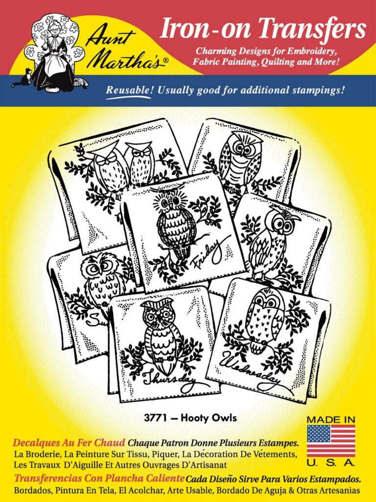 Aunt Martha's Hooty Owls 3771 days of the week embroidery iron on pattern