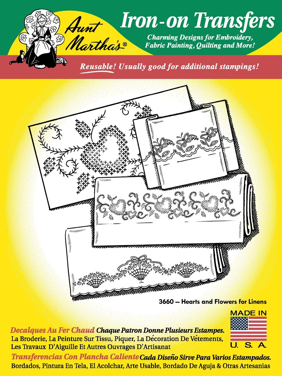 Aunt Martha's Hearts and Flowers for Linens 3660 embroidery iron on pattern