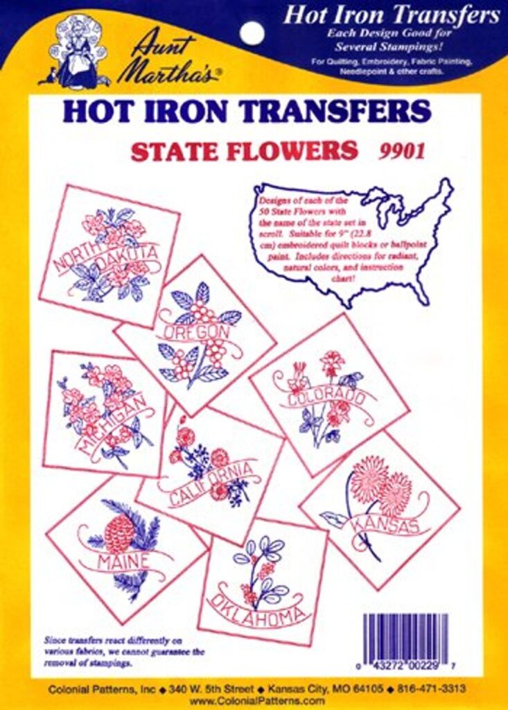 Aunt Martha's State Flowers 9901 embroidery iron on pattern