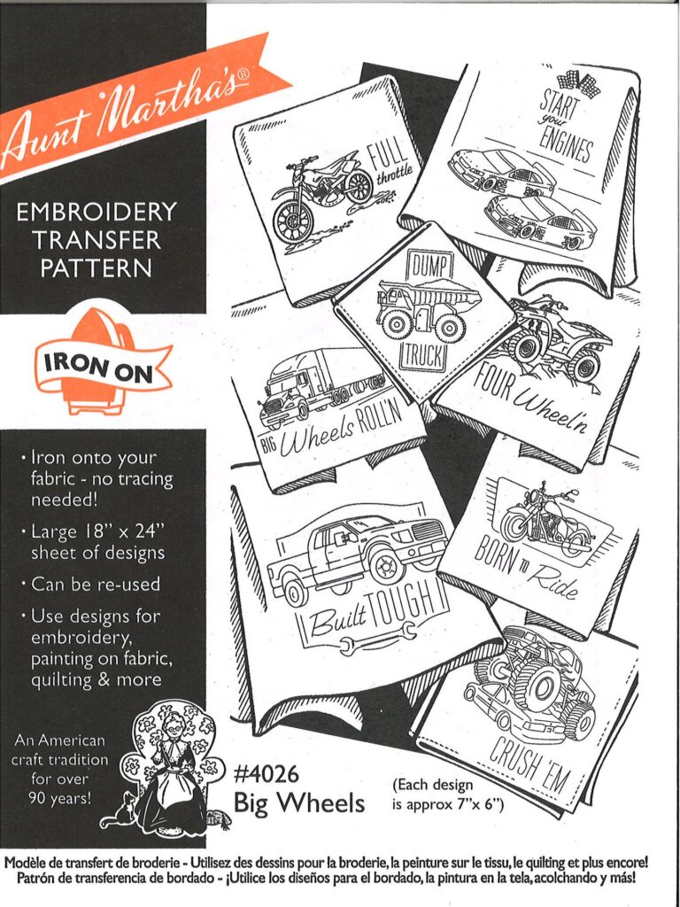 Aunt Martha's Big Wheels 4026 embroidery iron on pattern