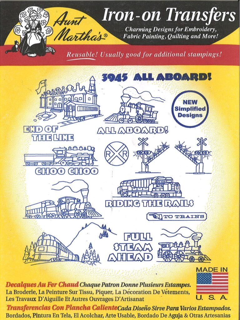 Aunt Martha's All Aboard 3945 trains embroidery iron on pattern