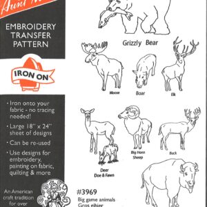Aunt Martha's Big Game Animals 3969 embroidery iron on pattern