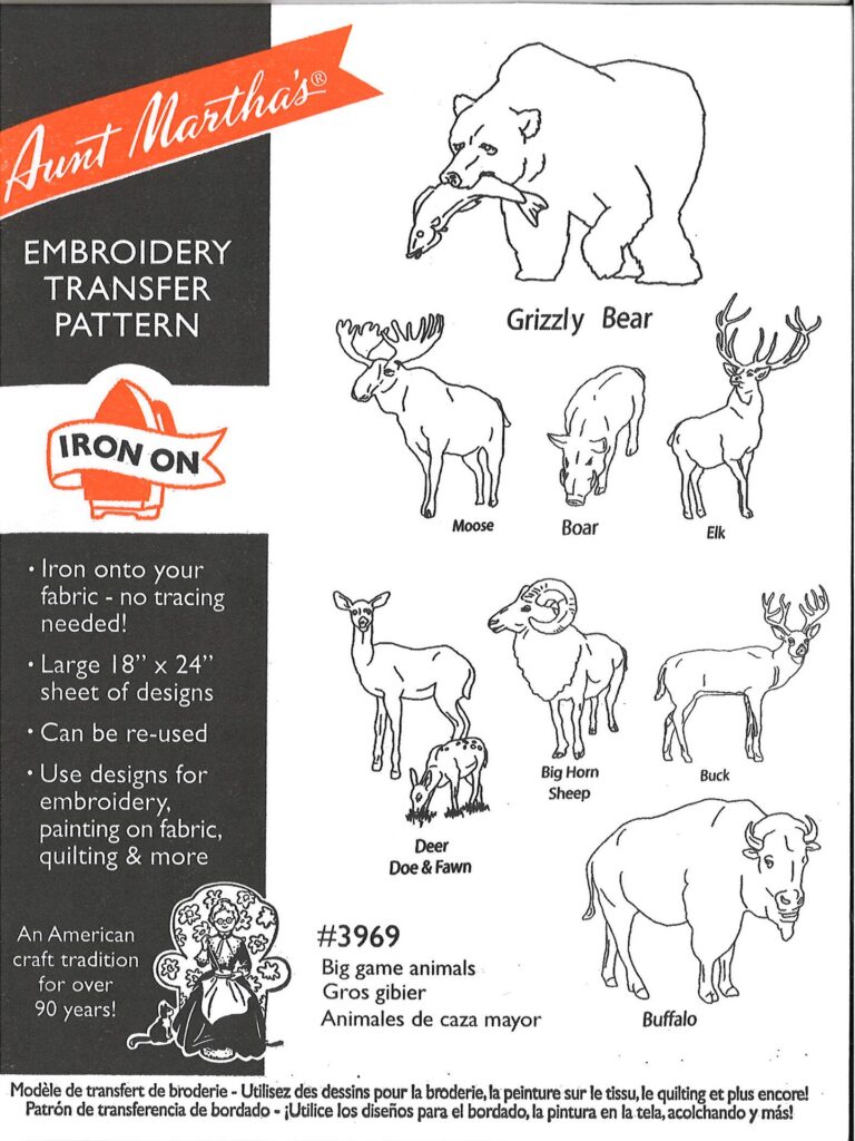 Aunt Martha's Big Game Animals 3969 embroidery iron on pattern