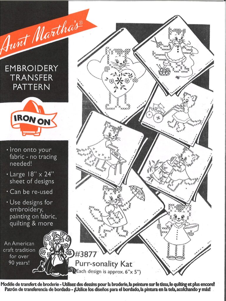 Aunt Martha's Purr-sonality Kat 3877 embroidery iron on pattern