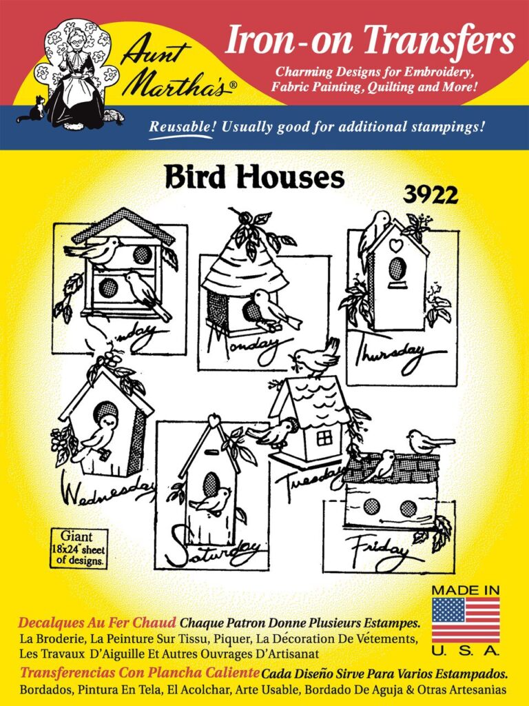 Aunt Martha's Bird Houses 3922 days of the week embroidery iron on pattern