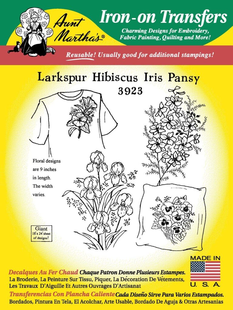 Aunt Martha's Large Larkspur, Hibiscus, Iris & Pansy 3923 embroidery iron on pattern