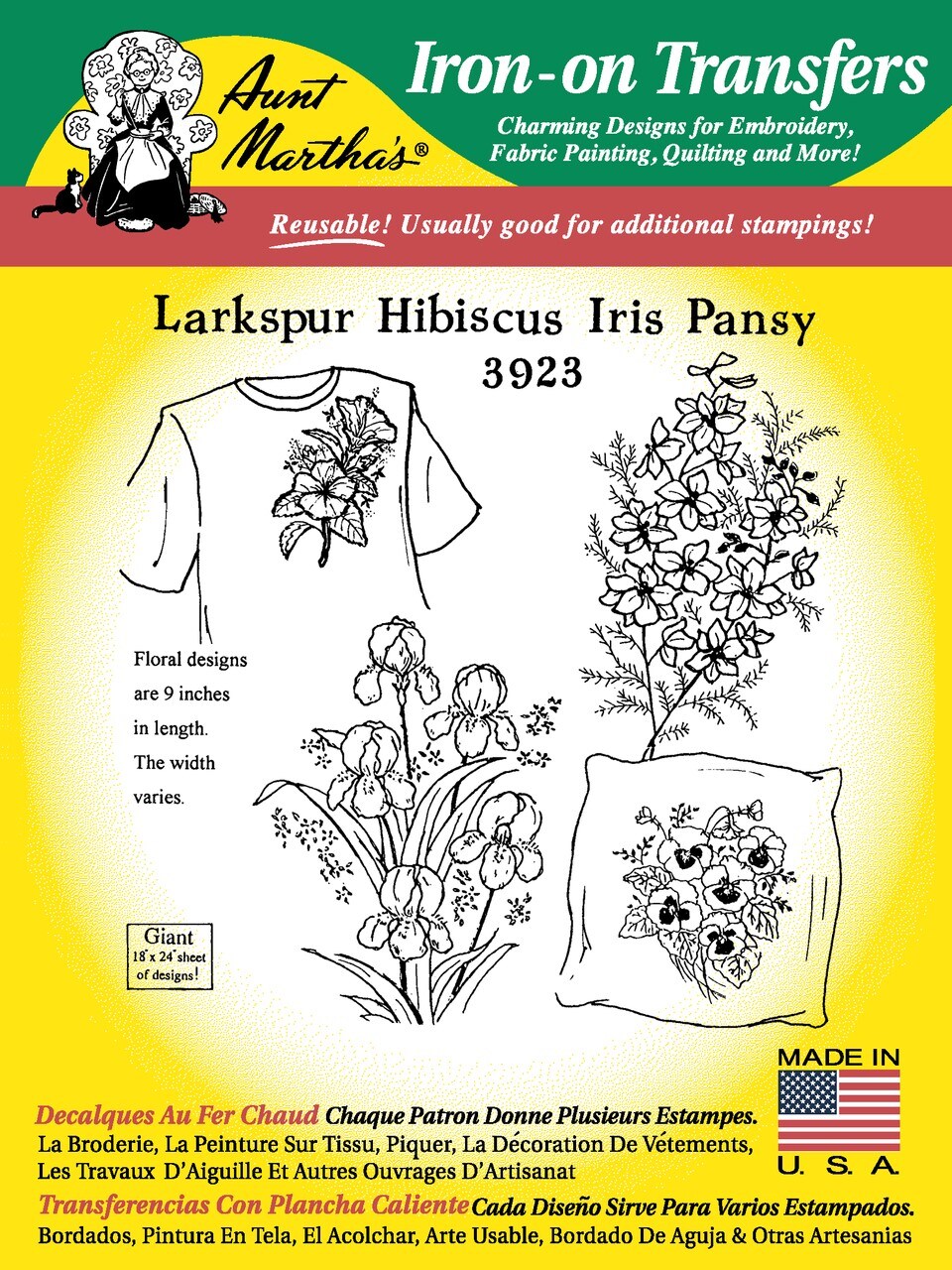 Aunt Martha's Large Larkspur, Hibiscus, Iris & Pansy 3923 embroidery iron on pattern