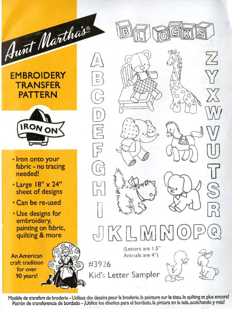 Aunt Martha's Kid's Letter Sampler 3926 embroidery iron on pattern