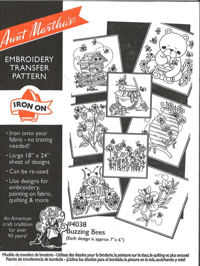 Aunt Martha's Buzzing Bees 4038 embroidery iron on pattern