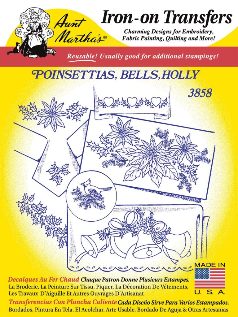 Aunt Martha's Poinsettias, Bells, Holly 3858 embroidery iron on pattern