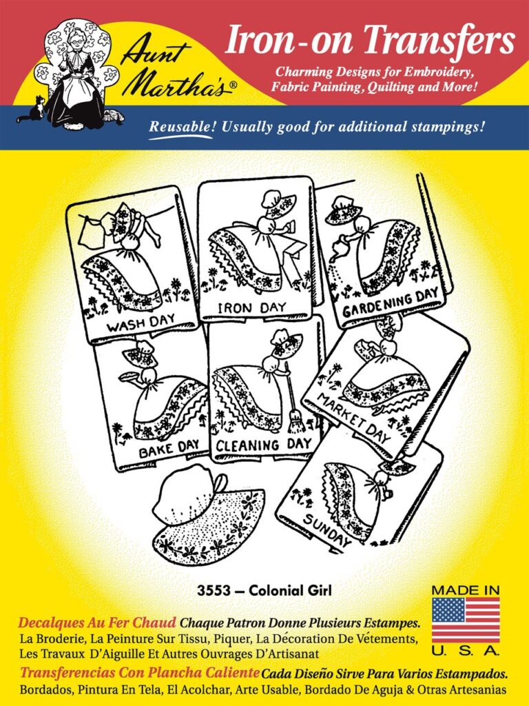 Aunt Martha's Colonial Girl 3553 embroidery iron on pattern