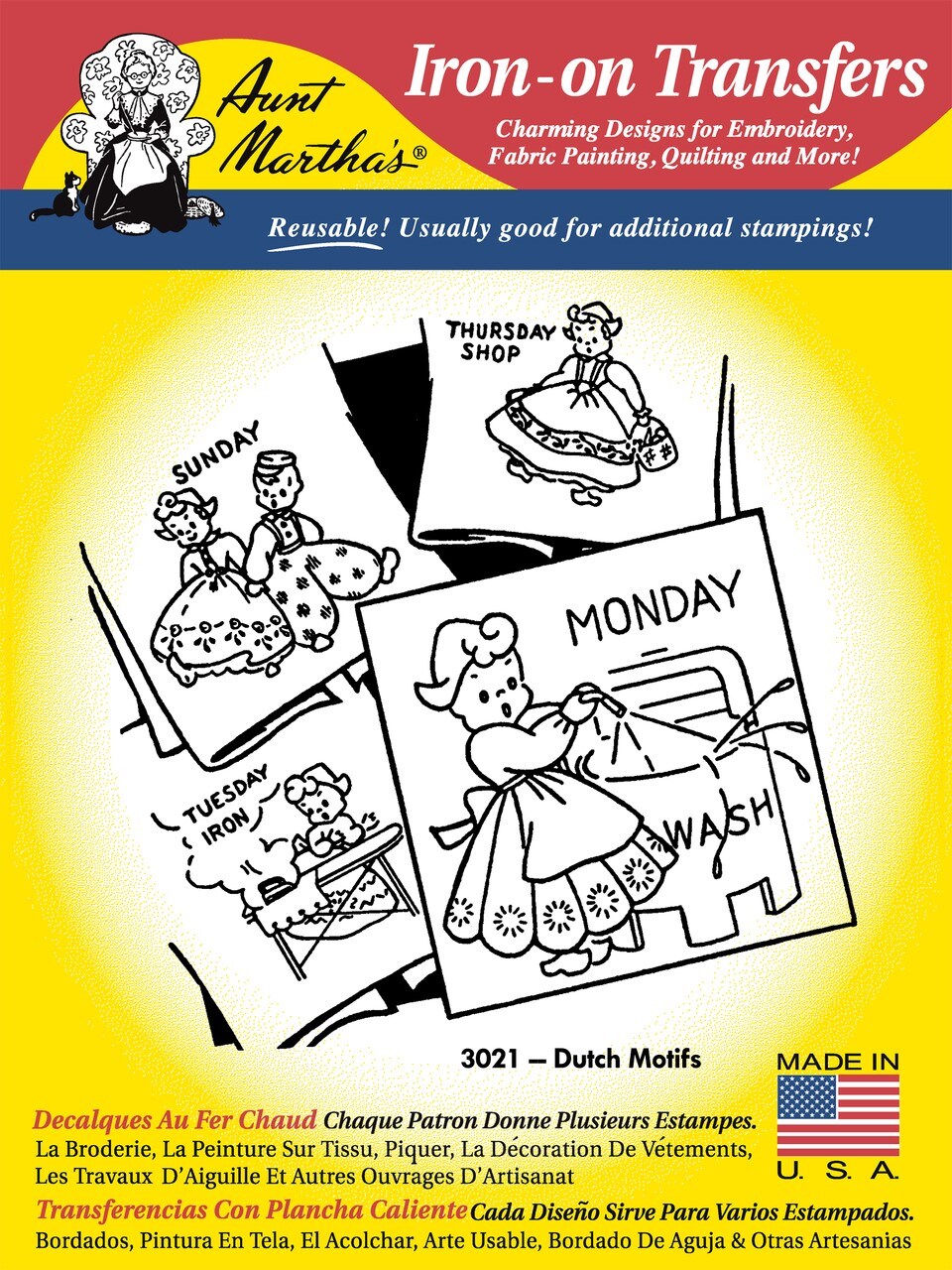 Aunt Martha's Dutch Motifs 3021 days of the week embroidery iron on patterns