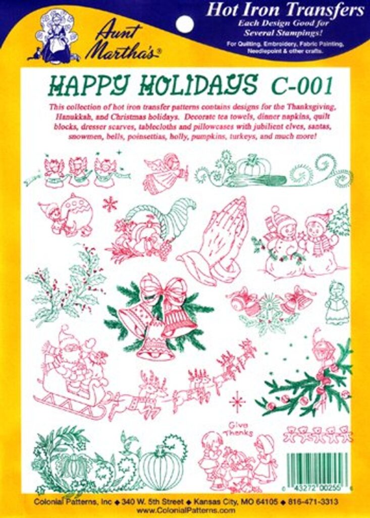 Aunt Martha's Happy Holidays C001 embroidery iron on pattern