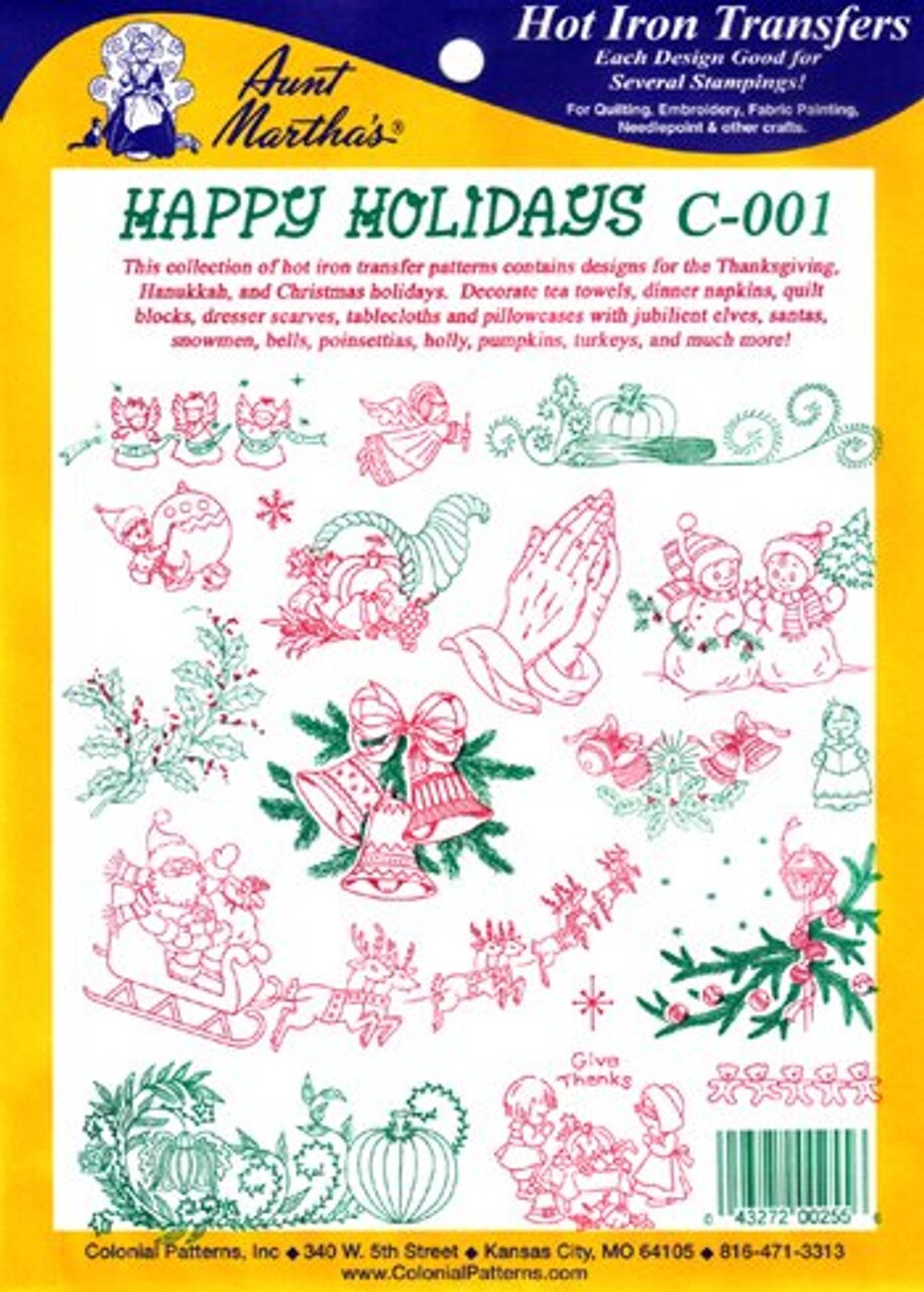 Aunt Martha's Happy Holidays C001 embroidery iron on pattern