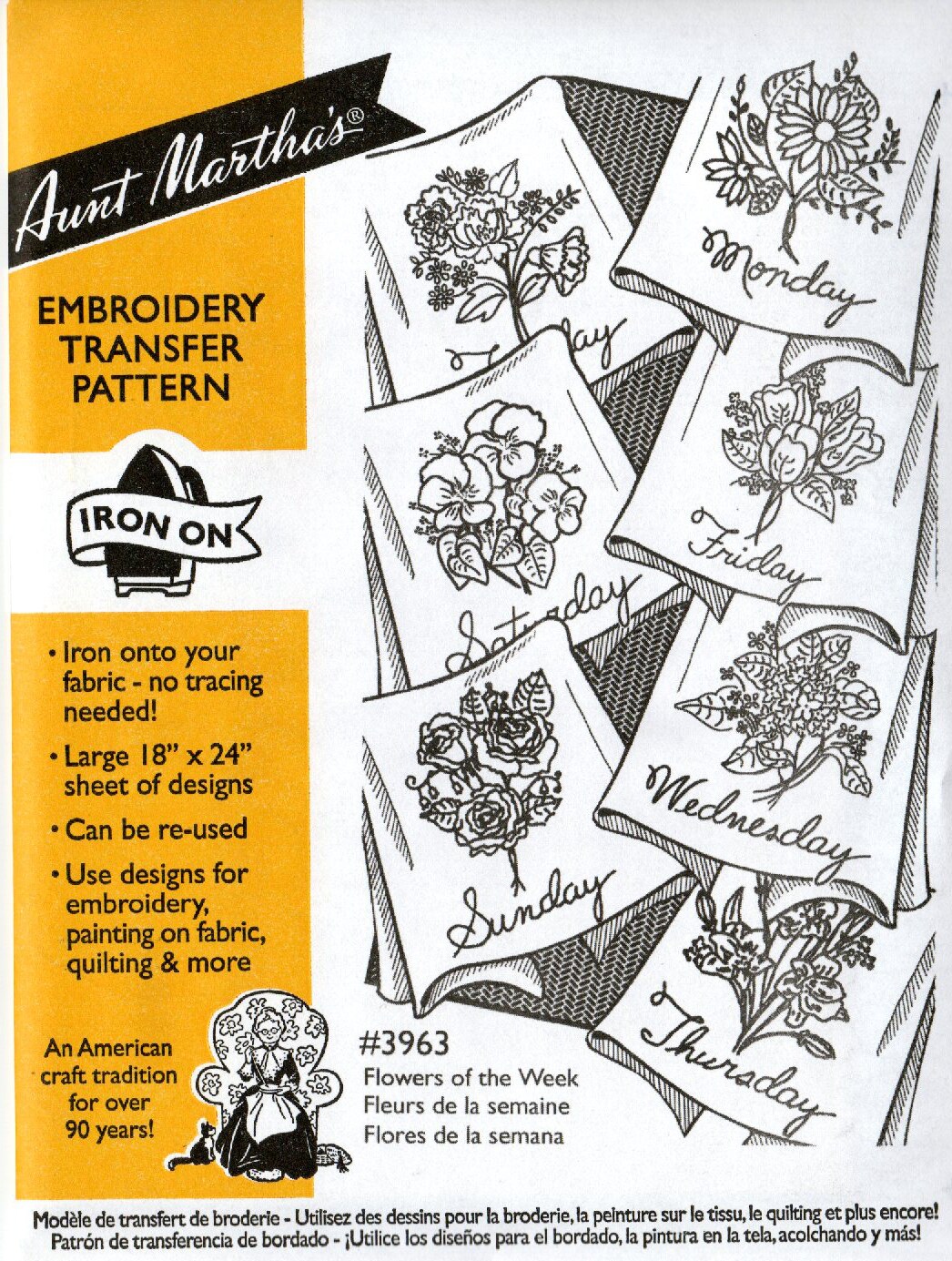 Aunt Martha's Flowers of the Week 3963 embroidery iron on pattern