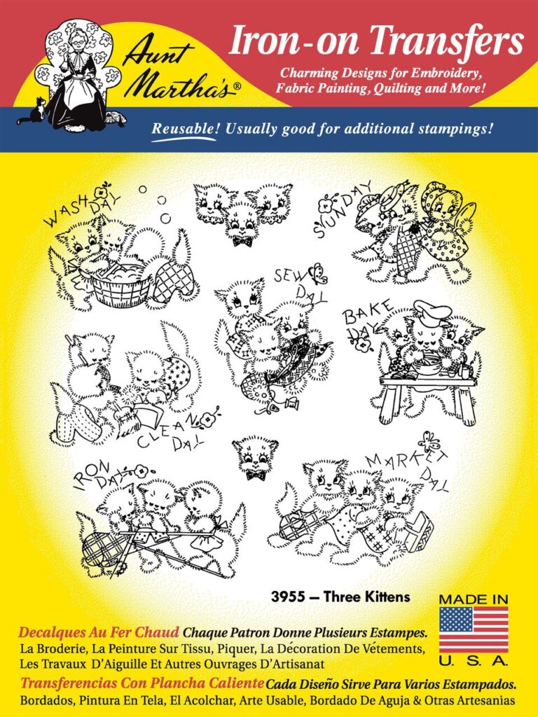 Aunt Martha's Three Kittens 3955 embroidery iron on pattern