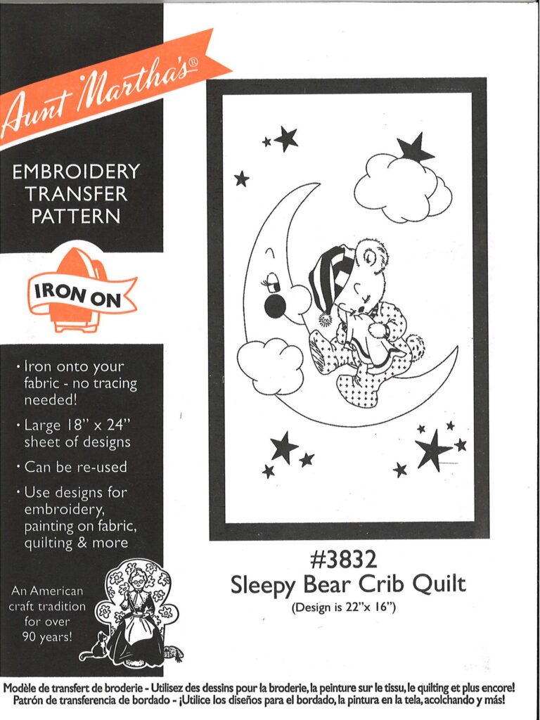 Aunt Martha's Sleepy Bear Crib Quilt 3832 embroidery iron on pattern