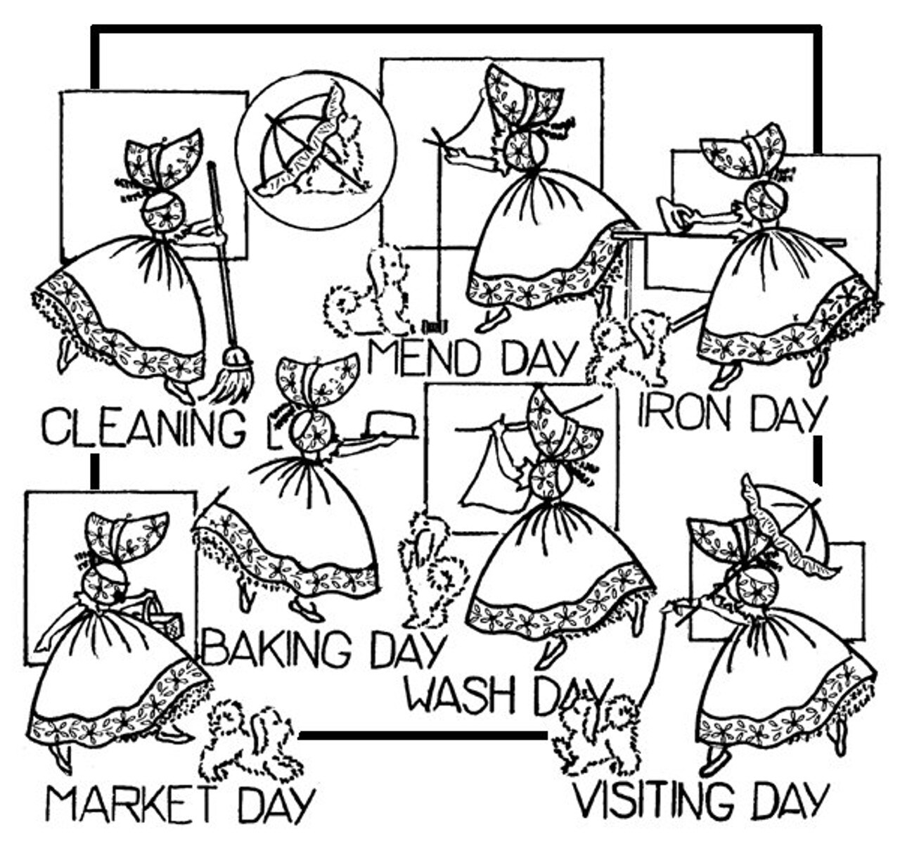 Aunt Martha's Colonial Girl and Puppy 3930 embroidery iron on pattern - Image 3