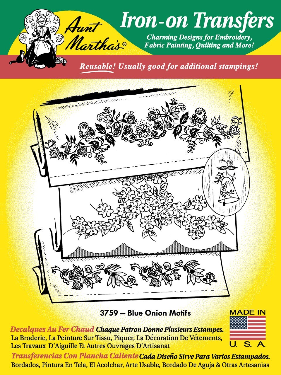 Aunt Martha's Blue Onion 3759 embroidery iron on pattern