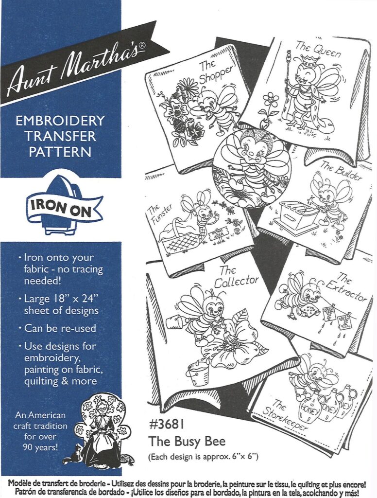 Aunt Martha's The Busy Bee 3680 embroidery iron on pattern