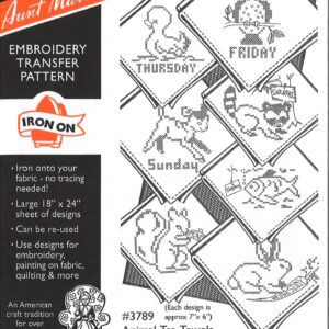 Aunt Martha's Animal Tea Towels 3789 days of the week embroidery iron on patterns