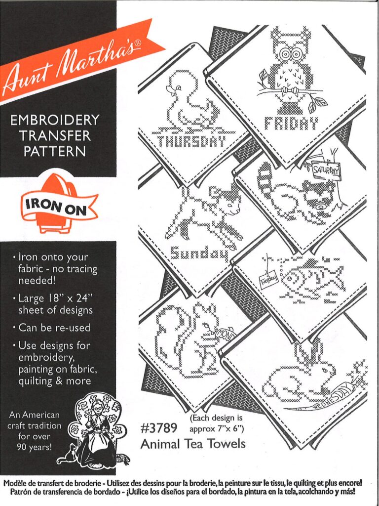 Aunt Martha's Animal Tea Towels 3789 days of the week embroidery iron on patterns