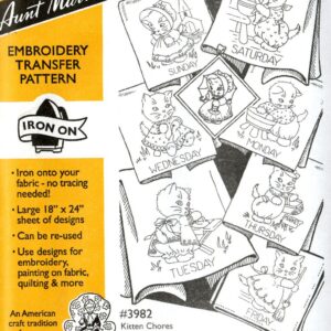 Aunt Martha's Kitten Chores 3982 days of the week embroidery iron on pattern