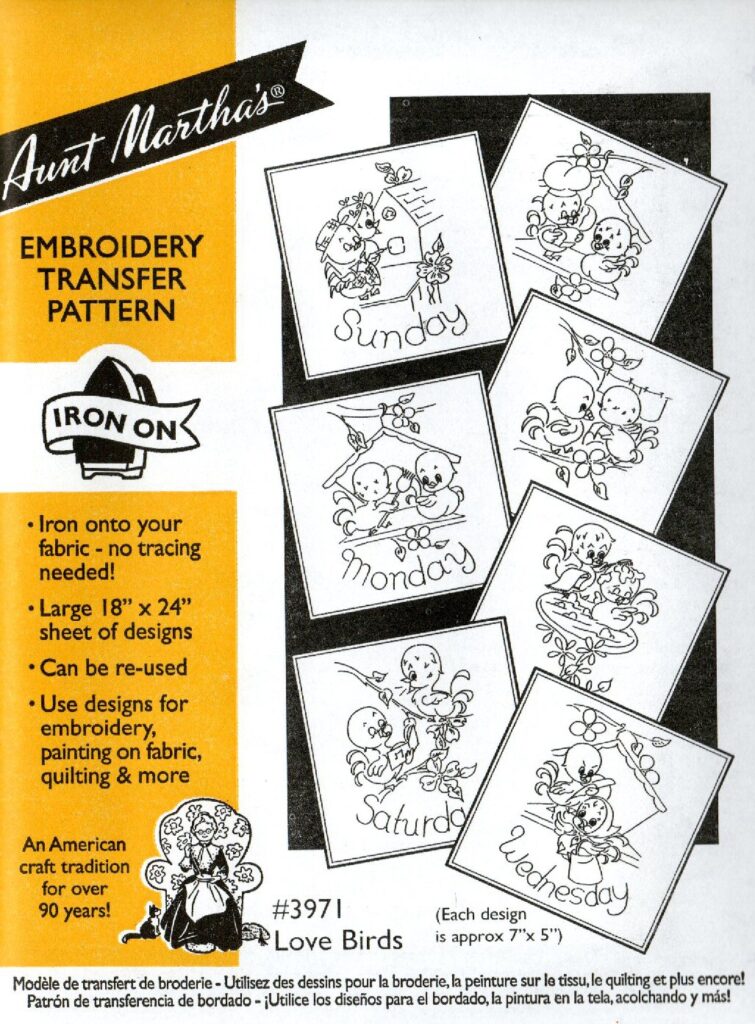 Aunt Martha's Love Birds 3971 days of the week embroidery iron pattern
