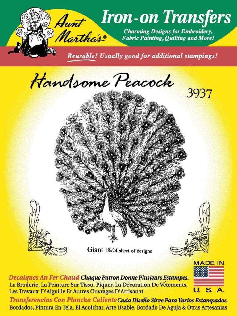 Aunt Martha's Handsome Peacock 3937 embroidery iron on pattern