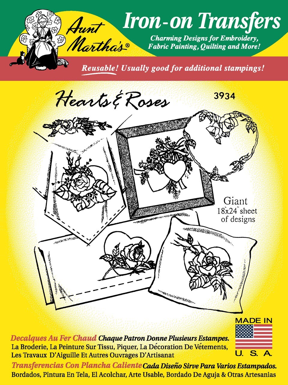 Aunt Martha's Hearts & Roses 3934 embroidery iron on pattern