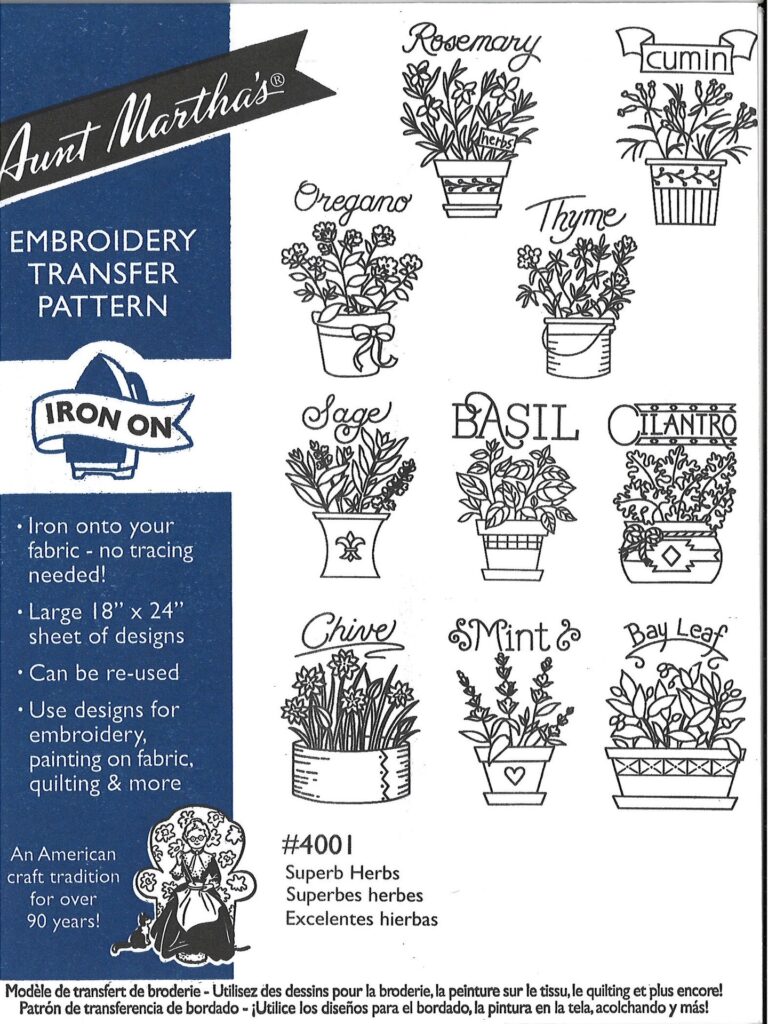 Aunt Martha's Superb Herbs 4001 embroidery iron on pattern