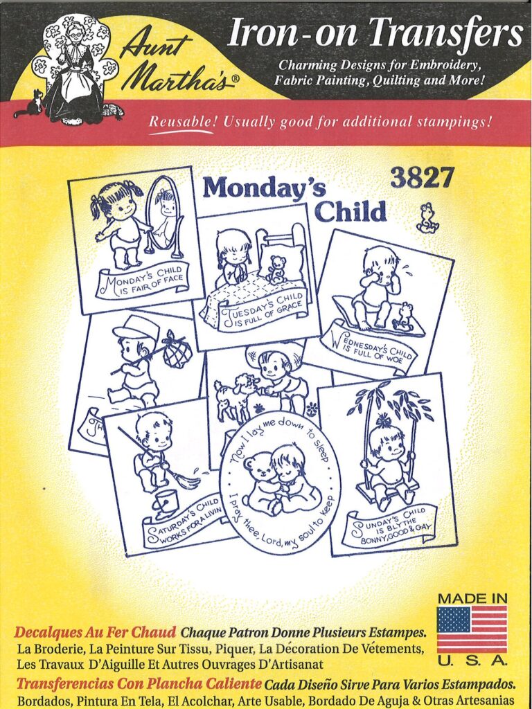 Aunt Martha's Mondays Child 3827 days of the week embroidery iron on pattern