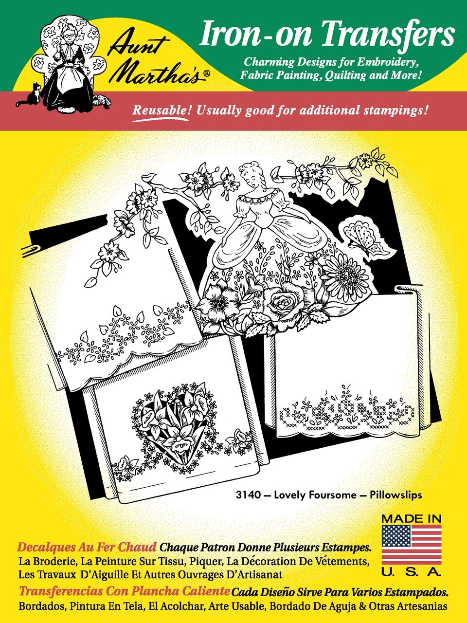 Lovely Foursome Pillow Slips Aunt Martha's Hot Iron Embroidery Transfer 3140