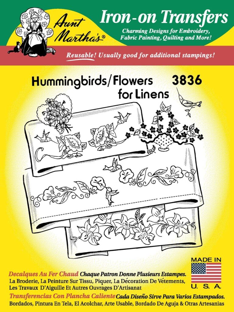 Aunt Martha's Hummingbirds & Flowers 3836 embroidery iron on pattern
