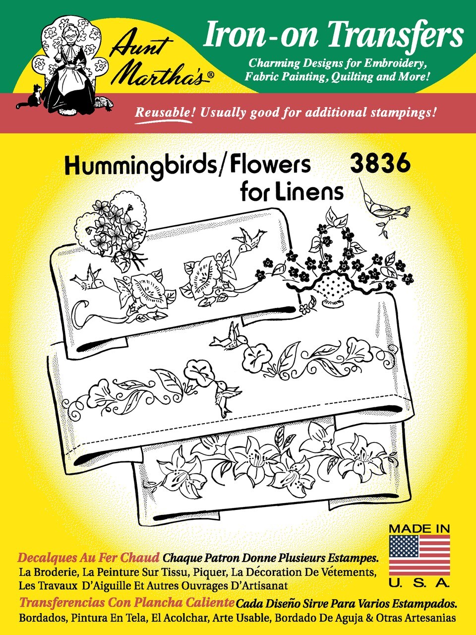 Aunt Martha's Hummingbirds & Flowers 3836 embroidery iron on pattern
