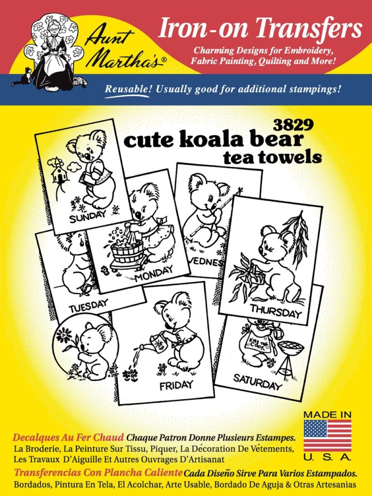 Aunt Martha's Koala Bear Tea Towels 3829 embroidery iron on pattern